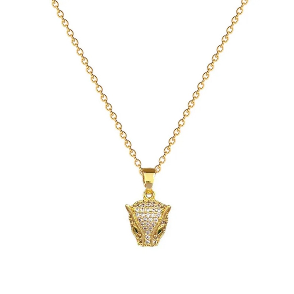 18K Gold Micro Pave Diamond Inlay Panther Head Necklace & Earring Set No Fade - Picture 3 of 5